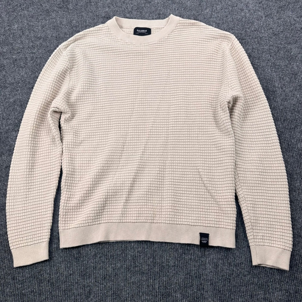 Pull&Bear Sweater Textured XS Waffle Knit Crewneck Beige Modern Casual Neutral